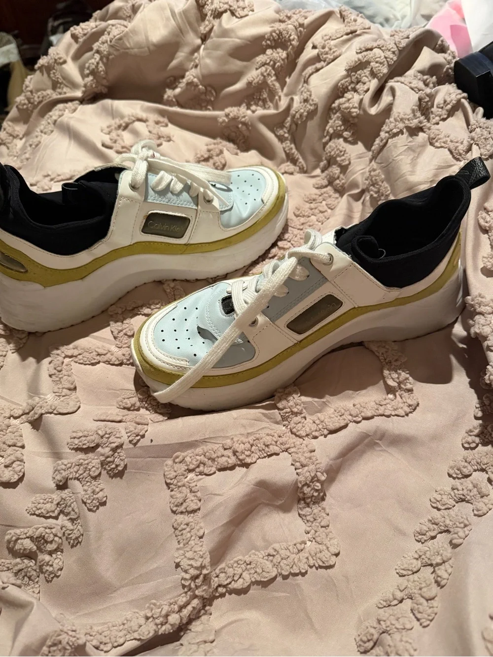 Calvin Klein White, Light Blue & Yellow lime Women's Chunky Lace-Up Sneakers 7